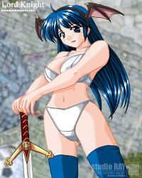 Rule 34 | 1girl, 2000s (style), black wings, blue eyes, blue hair, blue thighhighs, blush, breasts, character name, circle name, commentary request, copyright name, cowboy shot, demon wings, fake wings, game screenshot background, head wings, holding, holding sword, holding weapon, large breasts, long hair, looking at viewer, lord knight (ragnarok online), lowres, navel, panties, ragnarok online, screenshot background, solo, sword, tatsumi ray, thighhighs, underwear, underwear only, variant set, watermark, weapon, web address, white panties, wings