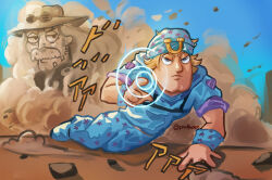 1boy artist_name beanie blonde_hair blue_eyes blue_hat blue_pants blue_shirt blue_sky cosplay day dust gyro_zeppeli gyro_zeppeli_(cosplay) hat horseshoe_hat_ornament horseshoe_ornament joe_swanson johnny_joestar johnny_joestar_(cosplay) jojo_no_kimyou_na_bouken looking_at_viewer male_focus pants profocey shirt sky star_(symbol) star_print steel_ball_run wild_west_(family_guy) wristband