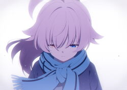1girl ahoge blue_archive blue_eyes blue_jacket blue_scarf closed_mouth hair_between_eyes heterochromia highres hoshino_(blue_archive) hoshino_(second_year)_(blue_archive) huge_ahoge jacket long_hair non-web_source official_art scarf shirt sidelocks solo upper_body white_shirt yellow_eyes