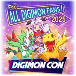 1boy 2025 aegiomon agumon beak bird black_eyes black_vest body_markings chest_jewel copyright_name digimon digimon_(creature) facial_mark feathers goat_horns green_eyes green_feathers grey_hair group_picture horns lizard no_shirt official_art one_eye_closed open_mouth orange_scales panties pointy_ears pteromon purple_eyes sharp_teeth short_hair talons teeth underwear vest white_panties