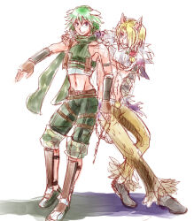 2boys belt blonde_hair blue_eyes boots brown_belt brown_boots brown_gloves brown_pants camouflage camouflage_shorts commentary_request crop_top fingerless_gloves full_body gloves green_hair green_scarf green_shirt green_shorts grey_shoes grin hair_over_one_eye looking_at_viewer male_focus midriff multiple_boys navel open_mouth pants ragnarok_online ranger_(ragnarok_online) scarf shadow_chaser_(ragnarok_online) shirt shoes short_hair shorts simple_background sketch sleeveless sleeveless_shirt smile standing white_background yukimushi