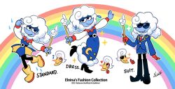 2025 alternate_costume anime_coloring aqua_skin belt black_belt black_boots black_pantyhose blue_dress blue_skirt blue_sleeves blush_stickers boots buttons closed_mouth clothes_variants cloud_hair collared_dress colored_skin commentary contrast_collar cosplay crescent_print dated deltarune dress earrings elnina_(deltarune) english_commentary english_text fewer_digits flipped_hair gloves head_only holding holding_pointer jewelry knees_together_feet_apart lanino_(deltarune) lanino_(deltarune)_(cosplay) lapels leg_up legs_apart lipstick long_sleeves looking_at_viewer lower_eyelashes_only makeup miniskirt necktie nelnal notched_lapels o-ring o-ring_belt outline outstretched_arms own_hands_together pantyhose pencil_skirt pointer pointy_nose puffy-trimmed_dress rainbow red_gloves red_lips red_necktie red_sleeve_cuffs rubber_boots shirt shoulder_pads signature skirt skirt_set smile sparkle spread_arms standing standing_on_one_leg star_(symbol) star_print sun sunglasses teardrop_earrings teeth thigh_boots thumbs_up twintails undershirt water_drop white_background white_hair white_outline white_shirt white_sleeves white_undershirt wing_collar yellow_boots yellow_skin yellow_skirt yellow_trim