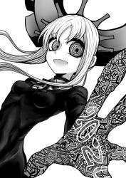 1girl 2020 absurdres breasts commentary_request deus_ex_maki-chan dress greyscale highres horns long_hair mechanical_horns monochrome nazo_no_diaboro open_mouth original reaching reaching_towards_viewer ringed_eyes small_breasts smile solo tight_clothes upper_body