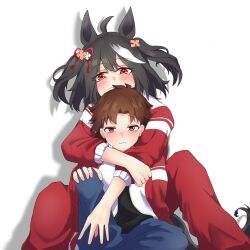 1boy 1girl animal_ears black_hair black_shirt blue_pants blush box brown_eyes brown_hair commentary_request ear_ornament embarrassed flower_ornament friends heart-shaped_box highres horse_ears horse_girl hug hug_from_behind kitasan_black_(umamusume) medium_hair multicolored_hair pants red_eyes shirt tracen_training_uniform twintails two-tone_hair umamusume user_zzgw5845 white_hair