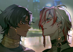 Rule 34 | 2boys, arjuna (fgo fes. 2025) (fate), black eyes, black hair, blue eyes, brothers, dark-skinned male, dark skin, earrings, eyeshadow, eyeshadow under eye, face-to-face, fate/grand order, fate (series), gradient hair, highres, hoop earrings, jewelry, karna (fgo fes. 2025) (fate), kuruchili, looking at another, makeup, male focus, multicolored hair, multiple boys, multiple earrings, necklace, open mouth, pale skin, portrait, profile, red eyeshadow, red hair, siblings, smile, solo, wavy hair, white hair