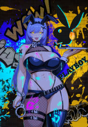 1girl absurdres animal_ears areola_slip bare_shoulders black_panties black_shorts black_thighhighs black_tube_top blue_hair breasts cocktail_glass cowboy_shot cuffs cup denim denim_shorts drinking_glass eyeshadow f.b.w fake_animal_ears fishnet_pantyhose fishnets garter_straps girls&#039;_frontline glowing glowing_lipstick_mark glowing_liquid handcuffs highleg highleg_panties highres holding holding_tray large_breasts leotard long_hair makeup navel panties pantyhose playboy_bunny purple_eyeshadow rabbit_ears short_shorts shorts shoulder_tattoo single_leg_pantyhose solo strapless tar-21_(girls&#039;_frontline) tattoo thighhighs tray tube_top underwear yellow_eyes