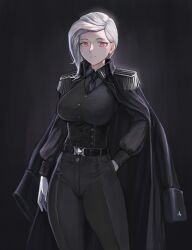 1girl absurdres arm_at_side belt belt_buckle black_background black_belt black_coat black_corset black_necktie black_pants black_shirt black_sleeve_cuffs black_vest breasts buckle buttons coat coat_on_shoulders collared_coat collared_shirt commentary corset cowboy_shot earrings english_commentary epaulettes floral_print fringe_trim gloves half-closed_eyes hand_in_pocket highres jewelry large_breasts leather_belt light_smile long_eyelashes long_sleeves looking_at_viewer medium_hair military_rank_insignia military_uniform necktie open_clothes open_coat original pants parted_bangs parted_hair puffy_long_sleeves puffy_sleeves red_eyes shirt shirt_tucked_in single_earring smile soldier solo thick_eyelashes thick_thighs thighs tight_clothes tight_pants underbust vertigris vest waistcoat white_gloves white_hair