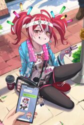 absurdres ahoge airani_iofifteen black_nails black_pantyhose black_shorts cellphone glowstick grin happi heterochromia highres hololive hololive_indonesia itabag japanese_clothes jewelry kureiji_ollie kureiji_ollie_(5th_costume) ludwigtk on_floor pantyhose phone pov pov_hands red_hair ring shorts sitting smartphone smile stitched_face stitches symbol-shaped_pupils towel towel_around_neck twintails typo v virtual_youtuber