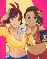 Rule 34 | 2girls, absurdres, asymmetrical hair, azucena milagros ortiz castillo, black hair, breasts, brown eyes, brown hair, cleavage, crop top, cup, dark-skinned female, dark skin, donima (donutsinmanila), earrings, hair ornament, highres, holding, holding cup, jewelry, josie rizal, multiple girls, navel, pants, red pants, short hair, tekken, tekken 7, tekken 8