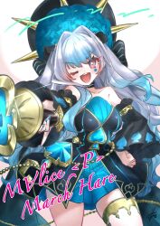 1girl animal_ears blue_dress blue_nails blush breasts collarbone detached_sleeves dress duel_monster gold_thighlet grey_hair hand_on_own_hip hat highres holding holding_weapon large_breasts long_hair looking_at_viewer maliss_&lt;p&gt;_march_hare norainu_(wtus2283) one_eye_closed open_mouth pink_eyes rabbit_ears rabbit_girl short_dress signature simple_background smile solo spade_(shape) spade_tattoo tattoo teeth thighs upper_teeth_only weapon yu-gi-oh!