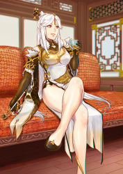 1girl azasuke bad_id bad_pixiv_id black_gloves breasts china_dress chinese_clothes couch crossed_legs cup dress elbow_gloves finger_cots genshin_impact gloves hair_ornament hair_stick high_heels highres holding holding_cup holding_smoking_pipe kiseru large_breasts long_hair ningguang_(genshin_impact) parted_lips ponytail red_eyes smile smoking_pipe solo tassel white_dress white_hair