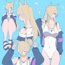 1girl alternate_hairstyle animal_ears arm_at_side bare_shoulders black_jacket black_sandals blonde_hair blue_archive blue_background blue_eyes blush_stickers bottle breasts character_name clenched_teeth closed_eyes collarbone commentary_request cowboy_shot dog_ears dog_girl extra_ears facing_viewer hair_bun hair_over_one_eye hands_up highleg highleg_one-piece_swimsuit highres holding holding_bottle jacket kanna_(blue_archive) kanna_(swimsuit)_(blue_archive) knees_up kuritiizu large_breasts long_hair long_sleeves looking_to_the_side multiple_views official_alternate_costume official_alternate_hairstyle one-piece_swimsuit one_eye_covered open_clothes open_jacket ponytail profile pulling_own_clothes sandals sharp_teeth sidelocks simple_background single_hair_bun sitting straight_hair sweatdrop swimsuit teeth upper_body whistle whistle_around_neck white_one-piece_swimsuit