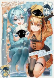 2girls 2others a.i._voice adachi_rei alternate_costume belt black_belt black_dress black_gloves black_thighhighs blue_background blue_dress blue_eyes blue_hair blue_shoes blue_theme bow buttons character_hair_ornament chibi clothing_cutout coat double-breasted dress frilled_dress frills full_body gloves hair_between_eyes hair_bow hair_ornament hashtag-only_commentary hatsune_miku highres hood hooded_coat hug kaimu_(adachi_rei) kneeling layered_dress lolita_fashion long_hair long_sleeves looking_at_viewer lower_teeth_only multiple_girls multiple_others neumafu open_mouth orange_background orange_dress orange_eyes orange_hair orange_shorts parted_lips paw_hair_ornament shoes shorts shorts_under_dress shoulder_cutout showgirl_skirt single_thighhigh squatting sweet_lolita teeth thigh_belt thigh_strap thighhighs tongue twintails utau vocaloid waumafu white_bow white_coat yellow_coat