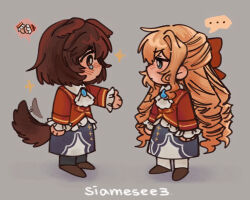 Rule 34 | ..., 2girls, animal ears, blonde hair, blue eyes, blush, brown eyes, brown hair, brown shoes, chibi, chibi only, claire francois, closed mouth, dog ears, dog girl, dog tail, grey background, kemonomimi mode, long hair, long sleeves, looking at another, multiple girls, rae taylor, school uniform, shoes, short hair, simple background, speech bubble, spoken ellipsis, t4yl0r712, tail, watashi no oshi wa akuyaku reijou