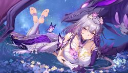 1girl 1other absurdres ass asymmetrical_gloves bare_shoulders black_tiara breasts bright_pupils bug butterfly butterfly_earrings castorice_(honkai:_star_rail) cleavage commentary_request dawn02 dragon dress earrings elbow_gloves feet_up field flower flower_field gloves hair_flower hair_ornament hand_in_own_hair highres honkai:_star_rail honkai_(series) insect jewelry large_breasts legwear_cutout long_hair looking_at_viewer low-tied_long_hair low_twintails lying night night_sky on_stomach outdoors parted_lips pointy_ears pollux_(honkai:_star_rail) purple_butterfly purple_eyes purple_gloves purple_hair purple_thighhighs second-party_source shallow_water single_elbow_glove sky soles star_(sky) starry_sky thighhighs tiara toes twintails very_long_hair water white_dress white_pupils
