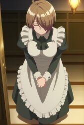 ahoge breasts brown_hair hair_over_one_eye highres kaifuku_jutsushi_no_yarinaoshi_~sokushi_mahou_to_skill_copy_no_chouetsu_heal~ large_breasts maid maid_(kaiyari) non_porn smile tagme
