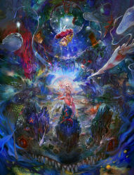 2girls absurdres alice_(alice_in_wonderland) alice_in_wonderland anglerfish animal blonde_hair child coelacanth coin coral crab curly_hair dolphin door dress epic falling fish floating_hair graveyard hairband headband highres illicium intricate_background jellyfish ladder long_hair mermaid monster_girl multiple_girls original portrait_(object) rainbow red_dress red_eyes ripples scales scenery sea_anemone seaweed sharp_teeth shrimp smile squid starfish surreal teeth tomatika underwater upside-down water webbed_hands well white_hair white_legwear