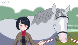 1girl black_hair blurry blurry_foreground bob_cut brown_jacket commentary gold_ship_(racehorse) gundam gundam_gquuuuuux highres holding holding_reins horse jacket long_sleeves looking_at_viewer mature_female name_connection pun real_life reins shiiko_sugai short_hair signature umiusea_works upper_body