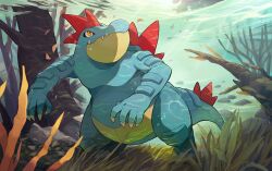alligator branch bubble claws crocodilian fangs feraligatr gen_2_pokemon kyanos1145 looking_up monster nintendo no_humans orange_eyes pokemon pokemon_(creature) pokemon_tcg scenery underwater