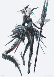 1girl boots breasts dragon_girl dragon_tail grey_hair highres holding holding_polearm holding_weapon looking_at_viewer navel open_mouth original polearm red_eyes short_hair small_breasts solo stomach swav tail teeth thigh_boots thigh_gap weapon