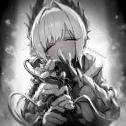 1girl arknights artist_name bilibili_username bird_girl blur_censor blush cable cable_tail censored chinese_commentary closed_eyes commentary_request electric_plug electric_plug_tail extra_arms feathers flower gloves greyscale hair_flower hair_ornament handjob_gesture head_wings heart highres invisible_penis kupa_(jesterwii) large_variant_set mechanical_tail monochrome open_mouth paid_reward_available raidian_(arknights) short_hair solo tail variant_set wings