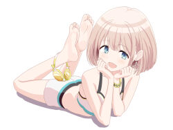 1girl absurdres barefoot blue_eyes feet highres idolmaster idolmaster_shiny_colors jmpdwgtdw938 light_blush looking_at_viewer lying medium_hair on_stomach open_mouth serizawa_asahi soles the_pose toes