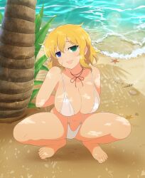 Rule 34 | 1girl, :3, armpit crease, arms behind back, bare shoulders, barefoot, beach, blonde hair, blue eyes, blush, breasts, cleavage, collarbone, dappled sunlight, fern, green eyes, hair between eyes, heterochromia, large breasts, lens flare, light particles, looking at viewer, navel, non-web source, o-ring, o-ring swimsuit, ocean, official art, open mouth, palm tree, plant, ryouna (senran kagura), sand, seashell, senran kagura, senran kagura shinovi versus, shadow, shell, short hair, sideboob, slingshot swimsuit, smile, solo, sparkle, squatting, starfish, string around neck, sunlight, swimsuit, tongue, tree, water, waves, white slingshot swimsuit, yaegashi nan
