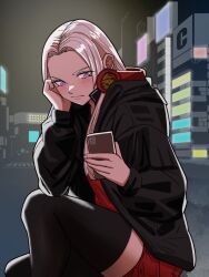 1girl alternate_costume annoyed black_jacket black_thighhighs breasts cellphone city cityscape cleavage edelgard_von_hresvelg fire_emblem fire_emblem:_three_houses headphones highres holding holding_phone jacket long_hair mnejing30 nintendo outdoors phone purple_eyes red_headphones red_shorts shorts small_breasts solo thighhighs thighs