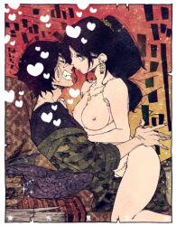 1boy 1girl black_hair breasts character_request clothed_male_nude_female earrings extendx0 grin hetero jewelry long_hair military_uniform necklace nude paper_stack ponytail short_hair smile touhouken_bunroku touhouken_bunroku_(game)