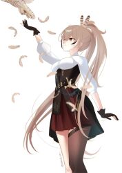 1girl bird brown_corset corset dagger falling_feathers feather_hair_ornament feathers from_below gloves hair_ornament hand_up hololive hololive_english knife long_hair nanashi_mumei nanashi_mumei_(1st_costume) navel owl partially_fingerless_gloves pleated_skirt ponytail red_skirt shirt single_thighhigh skirt smile solevisionarts thighhighs very_long_hair virtual_youtuber weapon white_shirt