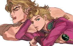 2boys cigarette cleavage_cutout clothing_cutout collared_shirt commentary commentary_request curtained_hair dio_brando earrings father_and_son giorno_giovanna green_eyes highres holding holding_cigarette incest jewangchobab jewelry jojo_no_kimyou_na_bouken licking_lips long_hair looking_at_another low-braided_long_hair low-tied_long_hair lying male_focus multiple_boys open_mouth parted_bangs pink_shirt sharp_teeth shirt stardust_crusaders teeth tongue tongue_out topless_male vento_aureo victory_rolls white_background yaoi