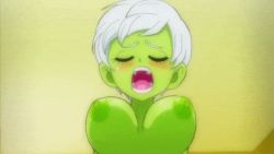 Rule 34 | 1girl, animated, animated gif, blush, bouncing breasts, breasts, cheelai, closed eyes, colored skin, cowgirl position, dragon ball, dragon ball super, dragon ball super broly, girl on top, green skin, indoors, large breasts, legs, lying, moaning, navel, nipples, nude, open mouth, pov, short hair, solo focus, straddling, thighs, white hair, yamamoto doujin