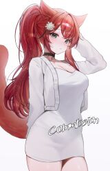 1girl animal_ear_fluff animal_ears black_choker blush braid breasts choker cleavage commentary commission cowboy_shot double-parted_bangs dress flower green_eyes hair_between_eyes hair_flower hair_ornament highres indie_virtual_youtuber looking_at_viewer miyuchiq peech_mangoes pencil_skirt ponytail red_hair skirt solo sweater white_background white_dress white_sweater