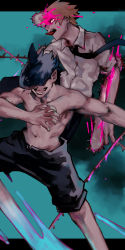 2boys beam_(chainsaw_man) black_necktie black_shorts blonde_hair blood chain chainsaw_man collared_shirt denji_(chainsaw_man) fingernails highres hybrid letterboxed looking_to_the_side multiple_boys nakano_(2_mannaka) necktie no_eyes open_mouth shark_boy sharp_fingernails sharp_teeth shirt short_hair shorts stylized_blood teeth tongue tongue_out topless_male white_shirt yellow_eyes