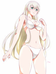 1girl ao_no_kiseki artist_name bikini blush breasts cleavage double-parted_bangs eiyuu_densetsu elie_macdowell green_eyes hair_between_eyes hairband long_hair long_sidelocks looking_at_viewer medium_breasts navel sideburns sidelocks simple_background smile solo swimsuit white_background white_bikini white_hair xiacheng_tatsuya zero_no_kiseki