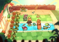 absurdres beach_chair beanie blue_sky building bush carnivorous_plant cattail_(plants_vs._zombies) chair chomper_(plants_vs._zombies) closed_eyes closed_mouth cloud commentary cooler cursor day doom-shroom_(plants_vs._zombies) drink english_commentary fangs fence flower glass_door grill hat head_rest highres holding holding_drink house in-universe_location kinomotoroka lily_pad_(plants_vs._zombies) moss mushroom no_humans open_mouth outdoors peashooter_(plants_vs._zombies) pink_hat plant plants_vs._zombies pool potato potato_mine_(plants_vs._zombies) repeater_(plants_vs._zombies) round_table rubber_duck sandals scenery sea-shroom_(plants_vs._zombies) sky sleeping smile solid_circle_eyes sun sunflower sunflower_(plants_vs._zombies) sunglasses sunlight surfboard table tail tall-nut_(plants_vs._zombies) unworn_sandals wall-nut_(plants_vs._zombies) wall_lamp water wooden_fence zzz