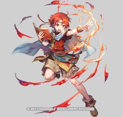 Rule 34 | 1boy, azu-taro, belt, book, boots, bracelet, cape, circlet, ewan (fire emblem), fire, fire emblem, fire emblem: the sacred stones, fire emblem heroes, full body, grey background, jewelry, male focus, nintendo, official art, open mouth, red eyes, red hair, solo, teeth