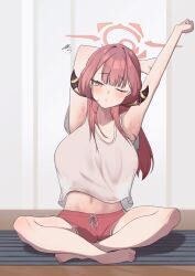 1girl absurdres alternate_costume armpits arms_up aru_(blue_archive) bare_legs barefoot blue_archive blush breasts commentary demon_horns halo highres hokuroten horns indian_style large_breasts navel one_eye_closed pink_hair pink_shorts see-through_silhouette shirt short_shorts shorts simple_background sitting solo squiggle stretching white_shirt