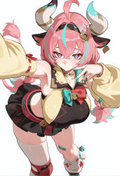 1girl absurdres akirai animal_ears antenna_hair aqua_streaks asymmetrical_legwear bandaid bandaid_on_cheek bandaid_on_face bandaid_on_horn bandaid_on_leg bell bell_earrings blue_eyes blush braid breasts bright_pupils brown_skirt collarbone cow_ears cow_girl cow_horns cow_tail crop_top crossed_bangs detached_sleeves earrings genshin_impact hair_between_eyes hair_intakes hairband hands_up highres horns jewelry large_breasts leg_warmers long_hair looking_at_viewer low_twin_braids lower_teeth_only microskirt midriff multicolored_hair navel open_mouth pink_hair pleated_skirt selfie selfie_pose shoes sidelocks single_thighhigh skirt sneakers solo standing streaked_hair tail teeth thighhighs twin_braids varesa_(genshin_impact) very_long_hair white_background white_leg_warmers white_pupils white_shoes white_thighhighs yellow_sleeves