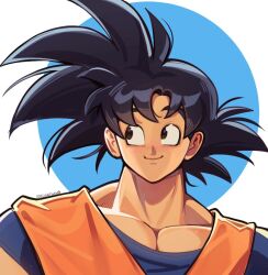 Rule 34 | 1boy, artist name, black eyes, black hair, blue background, closed mouth, commentary, dragon ball, english commentary, erinartista, looking to the side, male focus, messy hair, no pupils, pectorals, short hair, smile, solo, son goku, twitter username, two-tone background, upper body, white background