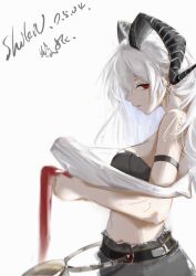 1girl absurdres arm_strap bare_shoulders black_bra black_horns black_pants bra breasts commentary_request cowboy_shot curled_horns dated earrings highres holding_necktie horns jewelry key_earrings large_breasts long_hair looking_at_viewer necktie pants parted_lips partial_commentary red_eyes red_necktie shiki4012 shirt signature smile solo underwear white_hair white_shirt wuthering_waves zani_(wuthering_waves)
