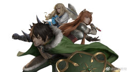 1boy 2girls animal_ear_fluff animal_ears armor ascot bell bird_wings black_shirt blonde_hair blue_eyes breastplate brown_hair cape chinese_commentary clenched_teeth cloud collared_shirt commentary_request corset crossed_bangs determined dress expressionless fang feathered_wings filo_(tate_no_yuusha_no_nariagari) floating_clothes floating_hair frilled_sleeves frills fur-trimmed_cape fur_trim gauntlets green_cape green_eyes grey_pants hair_bell hair_ornament hair_tubes high_collar highres holding holding_shield holding_sword holding_weapon iwatani_naofumi light_smile lips long_hair long_sidelocks long_sleeves multiple_girls pants pink_lips pointy_nose raccoon_ears raphtalia realistic red_corset red_eyes red_hair shanyang_rongrong shield shirt short_hair shoulder_spikes sidelocks simple_background sky smoke spikes sword tate_no_yuusha_no_nariagari teeth thick_eyebrows v-shaped_eyebrows very_long_hair watermark weapon weibo_watermark white_ascot white_background white_dress white_shirt white_wings wide_sleeves wings