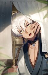1boy :o antenna_hair artist_name bamboo bamboo_broom black_choker blue_eyes blue_gemstone blue_kimono blurry blurry_background blurry_foreground broom choker collarbone commentary_request dark-skinned_male dark_skin earrings gem green_eyes hair_between_eyes hand_up head_tilt holding holding_broom ibrahim_(2nd_costume)_(nijisanji) ibrahim_(nijisanji) japanese_clothes jewelry kimono leaf light_particles looking_at_viewer male_focus multicolored_eyes nijisanji noren official_alternate_costume open_mouth pectoral_cleavage pectorals shion_(ajisionn) short_hair solo tassel tassel_earrings teeth twitter_username two-tone_eyes two-tone_kimono upper_body upper_teeth_only virtual_youtuber white_hair white_kimono