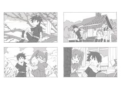 Rule 34 | 2boys, absurdres, cassius bright, closed mouth, eiyuu densetsu, estelle bright, family, father and daughter, greyscale, highres, house, joshua bright, long hair, monochrome, multiple boys, nozaki atsuko, open mouth, short hair, skirt, smile, sora no kiseki, tree, twintails