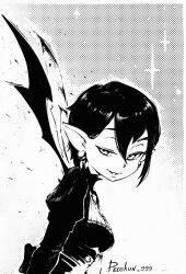 1girl black_hair earrings jewelry monochrome pecokun_999 piercing short_hair smile tagme wings