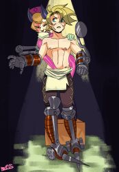 1girl 1guy absurdres blonde_hair cyborg dark_background freckled gloves hat highres horns implied_handjob latex latex_gloves leduc_(skullgirls) nrhp183 nurse nurse_cap patty_(skullgirls) skullgirls tagme