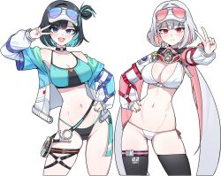 Rule 34 | 2girls, aqua hair, arm up, armpits, bare shoulders, belt, belt buckle, bikini, black bikini, black choker, black hair, black survival, black thighhighs, blue bikini, blue eyes, blue jacket, breasts, buckle, choker, cleavage, closed mouth, colored inner hair, commentary request, contrapposto, cowboy shot, dalgam12, debi (black survival), debi (cotton candy) (black survival), eternal return: black survival, eyewear on headwear, gas mask, hair bun, hand on own hip, highres, jacket, korean commentary, large breasts, long hair, long sleeves, looking at viewer, loose belt, low twintails, marlene (black survival), marlene (cotton candy) (black survival), mask, mask around neck, multicolored bikini, multicolored hair, multicolored jacket, multiple girls, official alternate costume, open clothes, open jacket, open mouth, outstretched arm, pink hair, red eyes, see-through clothes, see-through sleeves, short hair, shrug (clothing), side-tie bikini bottom, simple background, single side bun, skindentation, smile, standing, string bikini, sunglasses, swimsuit, thigh strap, thighhighs, tinted eyewear, twintails, two-tone bikini, two-tone jacket, v, very long hair, visor cap, white background, white bikini, white hair