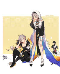 2134twone 2boys 3girls ? aponia_(honkai_impact) aponia_(honkai_impact)_(cosplay) bailu_(honkai:_star_rail) black_footwear black_hair black_pants black_sleeves braid caelus_(honkai:_star_rail) cat_girl cat_tail chinese_commentary commentary company_connection cosplay dan_heng_(honkai:_star_rail) dragon_girl dragon_tail english_commentary fu_hua fu_hua_(shadow_knight) fu_hua_(shadow_knight)_(cosplay) girl_chasing_giants_(yun_ling) hand_on_own_hip highres honkai:_star_rail honkai_(series) honkai_impact_3rd kalpas_(honkai_impact) kalpas_(honkai_impact)_(cosplay) looking_at_another march_7th_(honkai:_star_rail) mixed-language_commentary multiple_boys multiple_girls nun on_floor pants pardofelis pardofelis_(cosplay) pardofelis_(reverist_calico) pink_eyes running short_hair simple_background sitting standing stelle_(honkai:_star_rail) su_(honkai_impact) su_(honkai_impact)_(cosplay) sweatdrop tail thigh_strap trailblazer_(honkai:_star_rail) twitter_username white_hood yellow_eyes