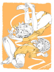 Rule 34 | 1girl, alphonse (white datura), ass, athletic leotard, barefoot, covered navel, flat chest, full body, highres, leotard, looking at viewer, lying, monochrome, multiple views, on back, open mouth, original, short hair, sketch, smile, soles, spot color, toes