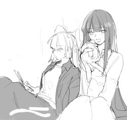 2girls bow collared_jacket collared_shirt fujiwara_no_mokou greyscale gyaru_v hair_bow hand_up houraisan_kaguya jacket long_hair long_sleeves looking_at_viewer monochrome multiple_girls newbokk open_clothes open_jacket open_mouth pants shirt sidelocks simple_background sketch smile touhou track_pants v very_long_hair white_background yellow_jacket
